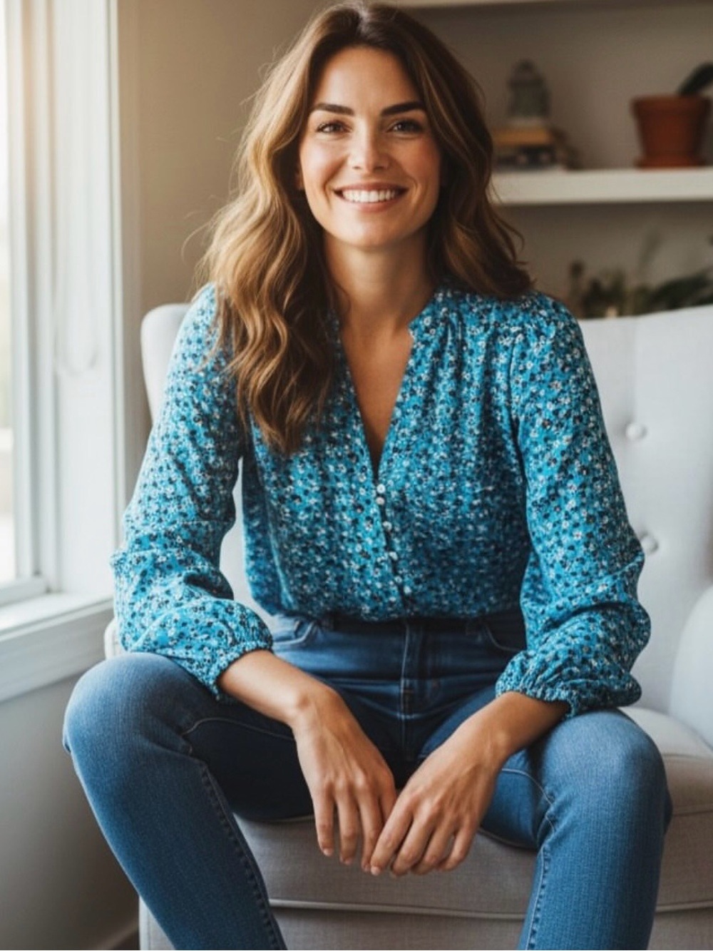 Veronica Beard Blue Floral Peasant Blouse